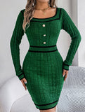 Square Neck Button Long Sleeve Sweater Hip Skirt