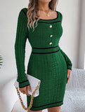 Square Neck Button Long Sleeve Sweater Hip Skirt
