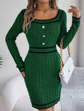 Square Neck Button Long Sleeve Sweater Hip Skirt