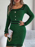 Square Neck Button Long Sleeve Sweater Hip Skirt