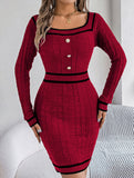 Square Neck Button Long Sleeve Sweater Hip Skirt