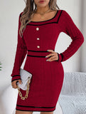 Square Neck Button Long Sleeve Sweater Hip Skirt