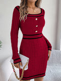 Square Neck Button Long Sleeve Sweater Hip Skirt