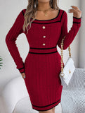 Square Neck Button Long Sleeve Sweater Hip Skirt
