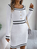 Square Neck Button Long Sleeve Sweater Hip Skirt