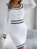 Square Neck Button Long Sleeve Sweater Hip Skirt