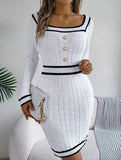 Square Neck Button Long Sleeve Sweater Hip Skirt