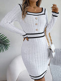 Square Neck Button Long Sleeve Sweater Hip Skirt