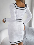 Square Neck Button Long Sleeve Sweater Hip Skirt