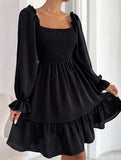 Simple Square Neck Shirred Dress