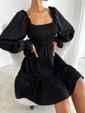 Simple Square Neck Shirred Dress