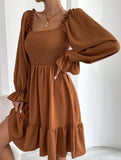 Simple Square Neck Shirred Dress