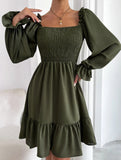 Simple Square Neck Shirred Dress