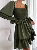 Simple Square Neck Shirred Dress