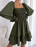 Simple Square Neck Shirred Dress