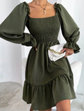 Simple Square Neck Shirred Dress