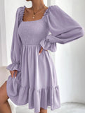 Simple Square Neck Shirred Dress