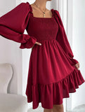 Simple Square Neck Shirred Dress