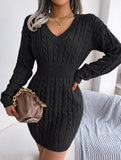 Fashionable waist-hugging cable-knitted hip dress