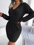 Fashionable waist-hugging cable-knitted hip dress