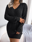 Fashionable waist-hugging cable-knitted hip dress