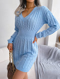 Fashionable waist-hugging cable-knitted hip dress
