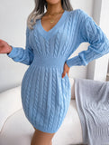 Fashionable waist-hugging cable-knitted hip dress