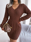 Fashionable waist-hugging cable-knitted hip dress