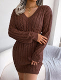 Fashionable waist-hugging cable-knitted hip dress