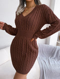 Fashionable waist-hugging cable-knitted hip dress