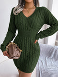 Fashionable waist-hugging cable-knitted hip dress