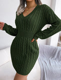 Fashionable waist-hugging cable-knitted hip dress