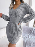 Fashionable waist-hugging cable-knitted hip dress