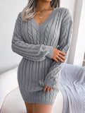 Fashionable waist-hugging cable-knitted hip dress