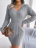 Fashionable waist-hugging cable-knitted hip dress