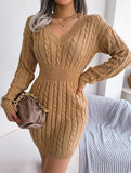 Fashionable waist-hugging cable-knitted hip dress