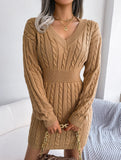 Fashionable waist-hugging cable-knitted hip dress