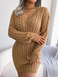 Fashionable waist-hugging cable-knitted hip dress