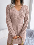 Fashionable waist-hugging cable-knitted hip dress