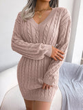 Fashionable waist-hugging cable-knitted hip dress