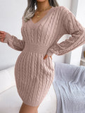 Fashionable waist-hugging cable-knitted hip dress