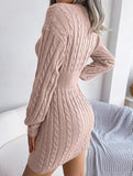 Fashionable waist-hugging cable-knitted hip dress