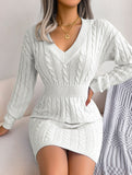 Fashionable waist-hugging cable-knitted hip dress