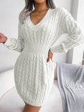 Fashionable waist-hugging cable-knitted hip dress