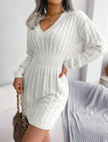 Fashionable waist-hugging cable-knitted hip dress