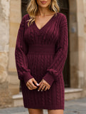 Fashionable waist-hugging cable-knitted hip dress