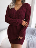 Fashionable waist-hugging cable-knitted hip dress