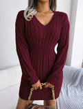 Fashionable waist-hugging cable-knitted hip dress