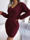 Fashionable waist-hugging cable-knitted hip dress