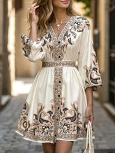 Printed V-neck three-quarter sleeve tie-waist dress
